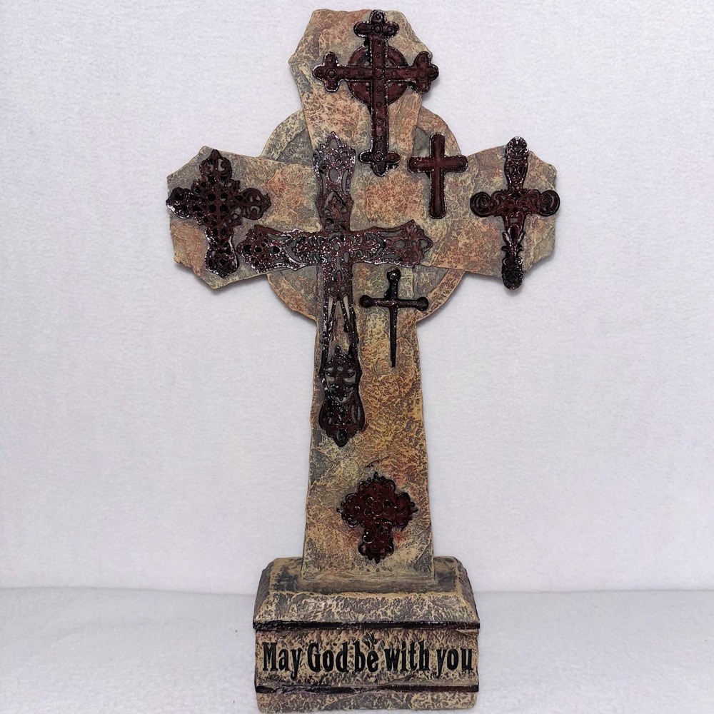 Transpac Resin Cross Figurine 12” Religious Decor May God Be With You Faux Stone